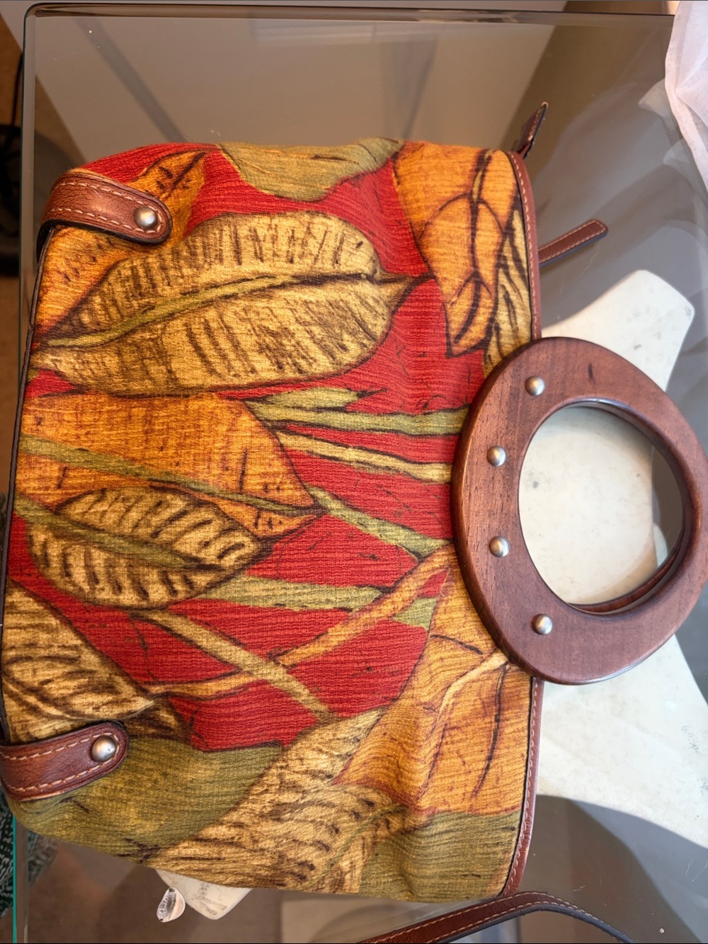 Fossil Red Leaf-Print Tote with Wooden Ring Handle